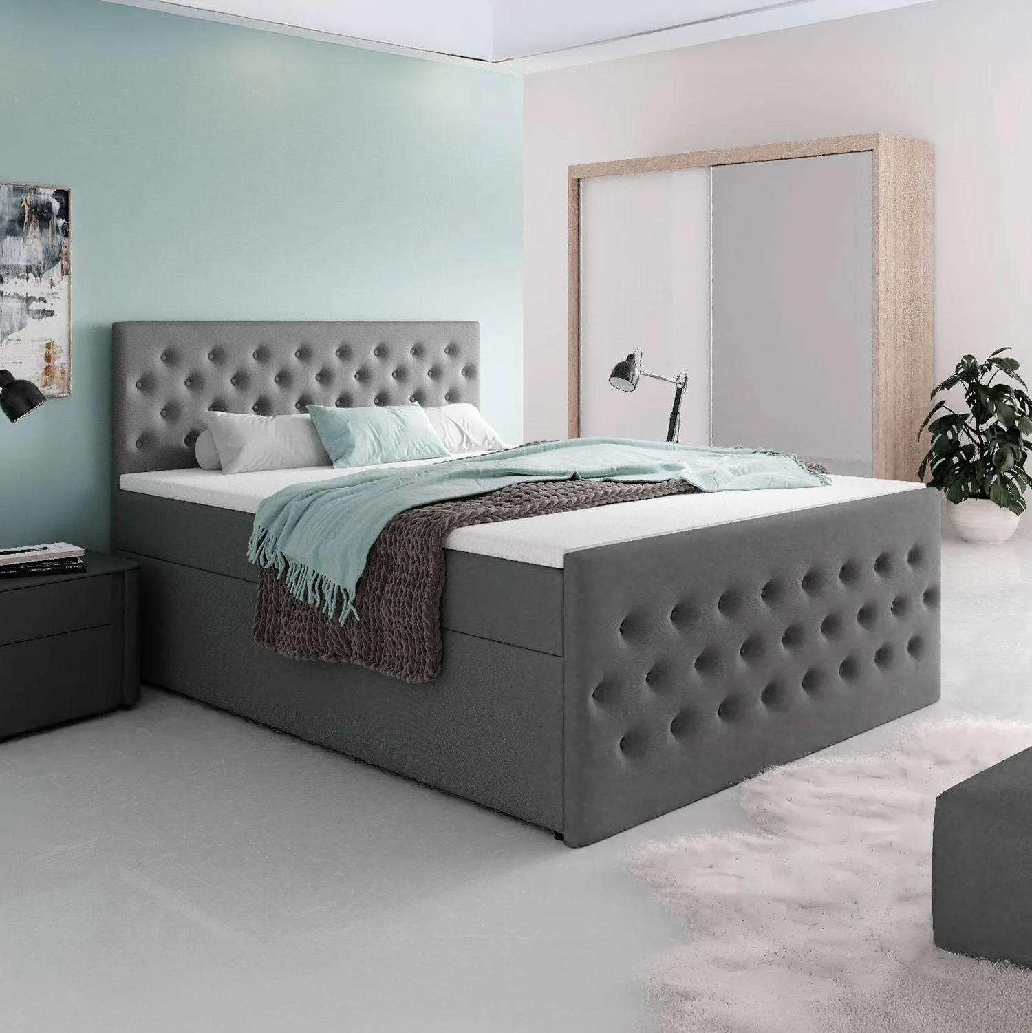 ACTIEDEAL Opberg boxspring 160 x 200 - Stof Antraciet | GRATIS TOPPER + Hoofd & Voetbord A