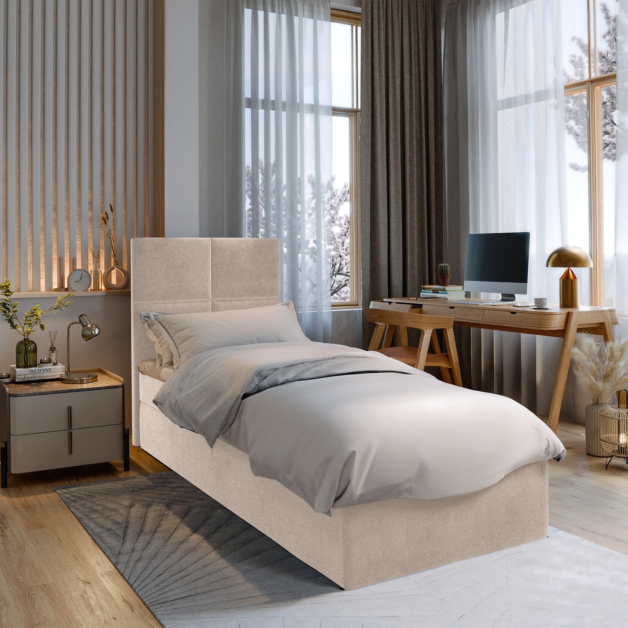 OP=OP Opberg Boxspring Rechts 90 x 200 -  Creme | Levi