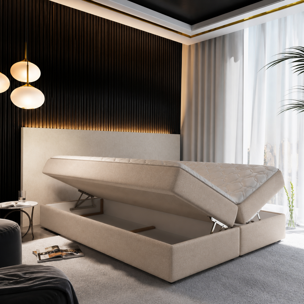 ACTIEDEAL Opberg Boxspring 200 x 200 - Beige | Zonder Hoofdbord