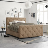 OP=OP Boxspring 140 x 200 - Stof Donker Beige | Hoofdbord Phoenix (ruit) + Voetbord + Pocketvering Box 30 cm