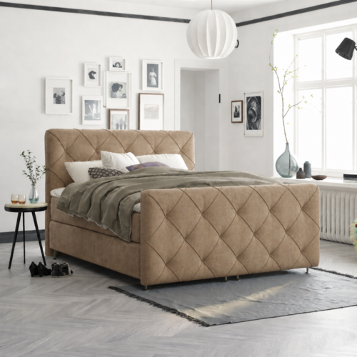 OP=OP Boxspring 140 x 200 - Stof Donker Beige | Hoofdbord Phoenix (ruit) + Voetbord + Pocketvering Box 30 cm