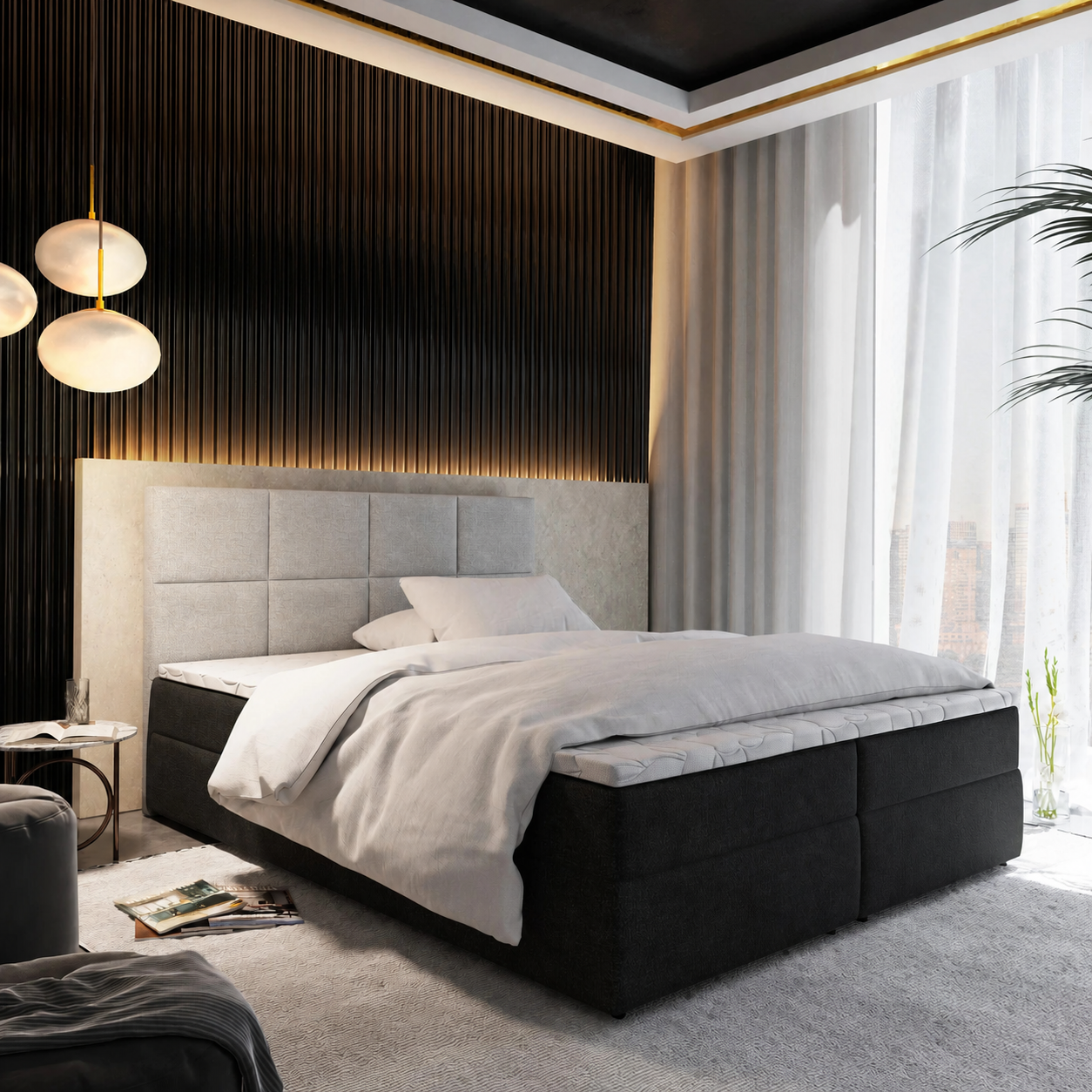 2dekans Opbergboxspring 180 x 200 Zwart én Grijs + GRATIS Topmatras | 2x rechterbox (zwart) + hoofdbord levi (grijs) + kleine stofferingbeschadiging