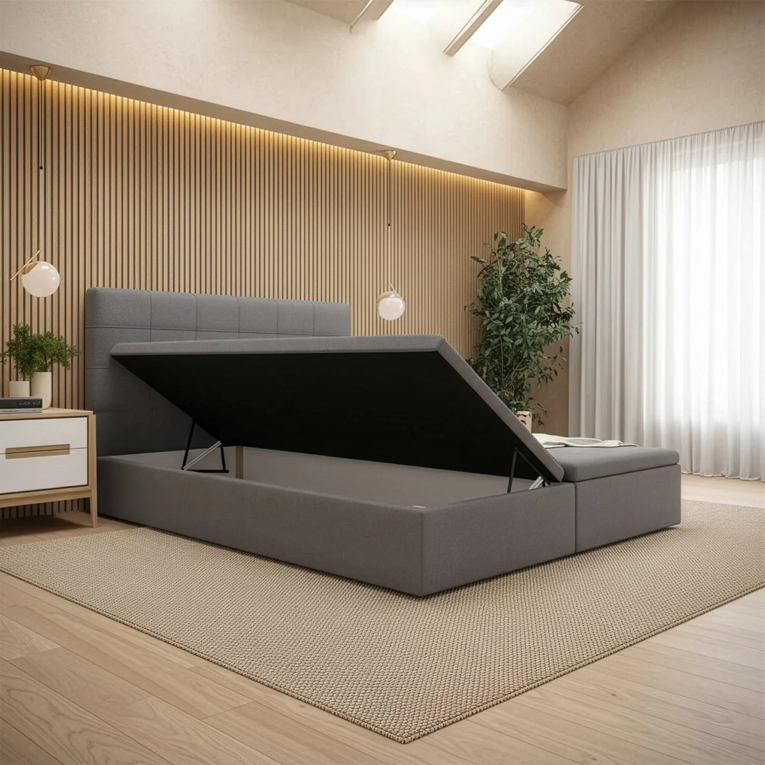 OP=OP Opbergboxspring 160 x 210 - Zwart | Hoofdbord Sunny + Verhoogde Opbergruimte