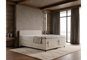 OP=OP Elektrische boxspring 200 x 210 - Stof Beige | Incl. Hoofdbord Glad + 1 x groot matras + Voetbord met TV-lift