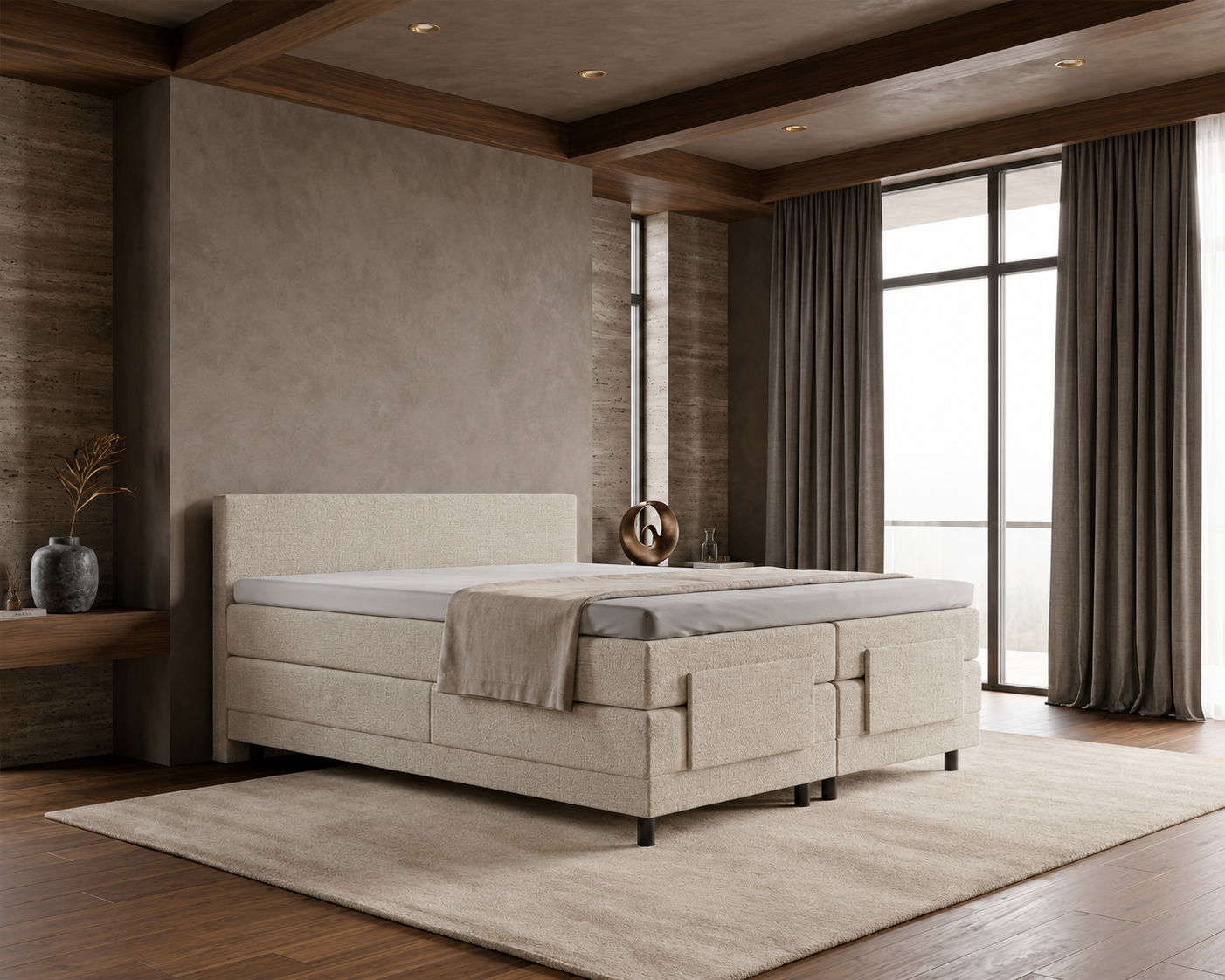 OP=OP Elektrische boxspring Zero 200 x 210 - Stof Beige | Incl. Hoofdbord Glad + 1 x groot matras + Voetbord met TV-lift