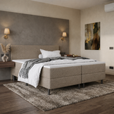 OP=OP Boxspring 200 x 200 - stof Donker Beige | Incl. Hoofdbord Austin (Stik Groot) + 1x Groot Matras Medium