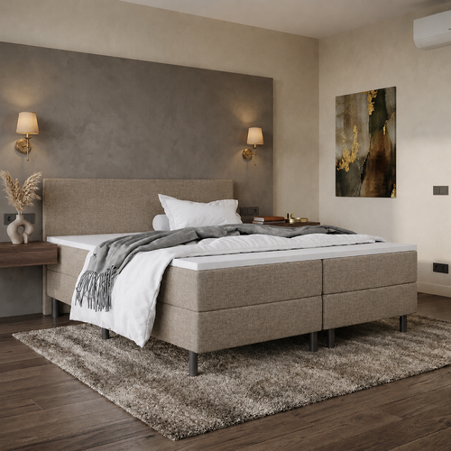 OP=OP Boxspring 200 x 200 - stof Donker Beige | Incl. Hoofdbord Austin (Stik Groot) + 1x Groot Matras Medium