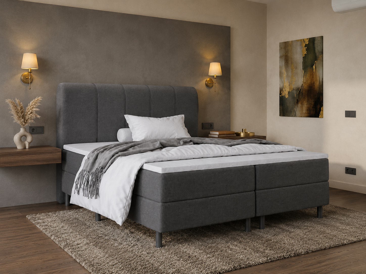 ACTIEDEAL Boxspring 180 x 200 - stof Antraciet | Hoofdbord Memphis (Banen) + Pocketboxen 2
