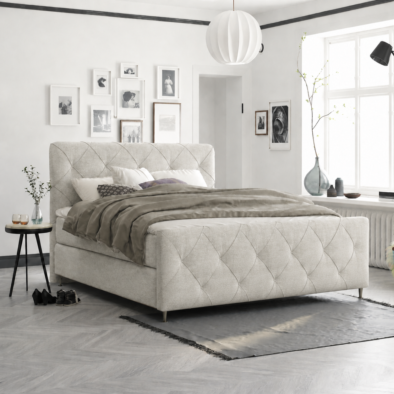 ACTIEDEAL Boxspring 180 x 200 - stof Beige | Hoofdbord + Voetbord Phoenix (ruit) + 1x Groo