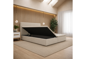 OP=OP Opbergboxspring zonder Matras 180 x 210 - stof Beige | Hoofdbord Glad + 40 cm Hoge Opslagruimte + 10 cm schuimlaag