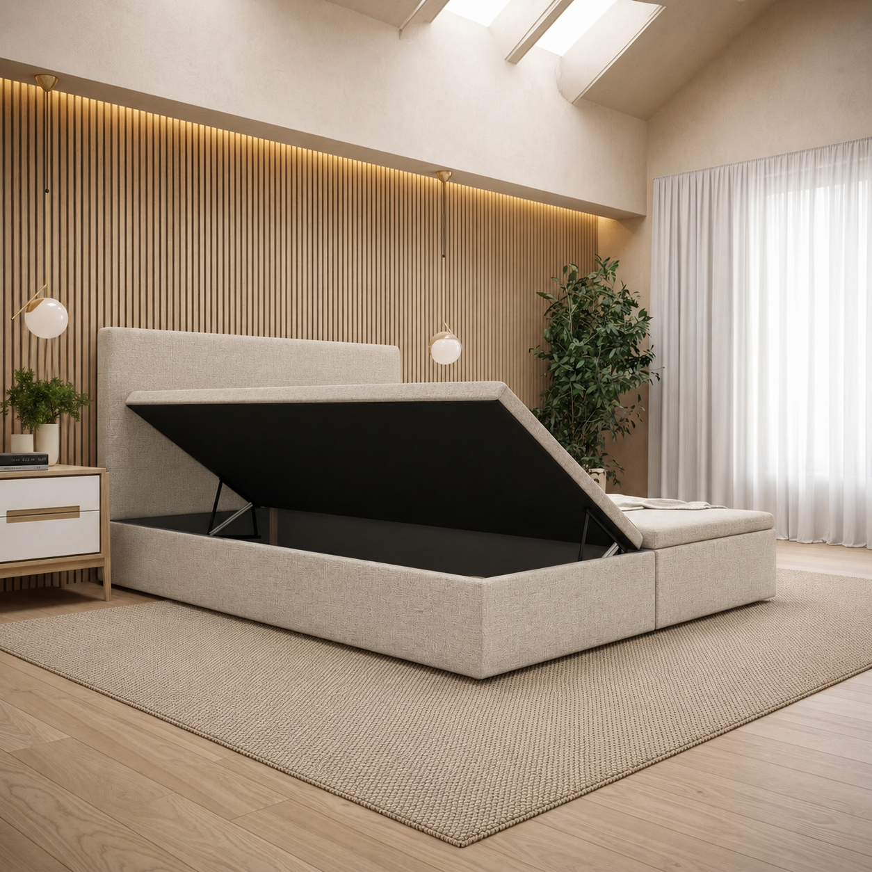 OP=OP Opbergboxspring zonder Matras 180 x 210 - stof Beige | Hoofdbord Glad + 40 cm Hoge Opslagruimte + 10 cm schuimlaag