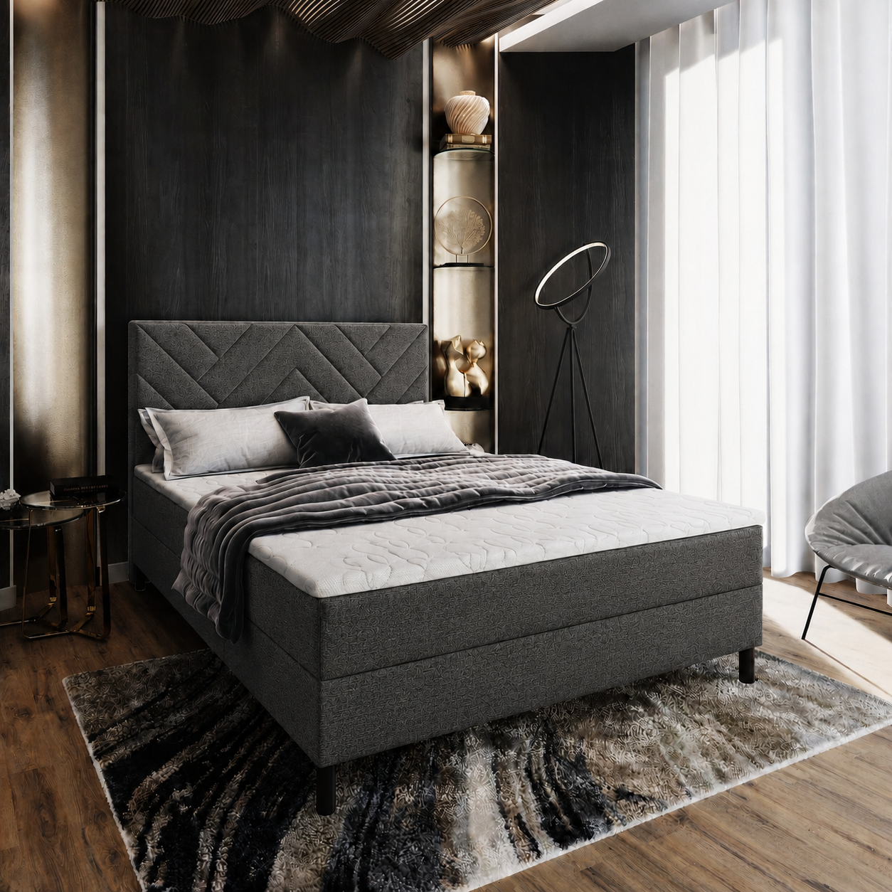 OP=OP Boxspring 180 x 200 - stof Antraciet | Hoofdbord Chevron + 1 x Groot Matras