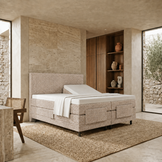 OP=OP Elektrische boxspring delux 180 x 200 - stof Beige | Hoofdbord Glad + 1x Medium & 1x Stevig matras