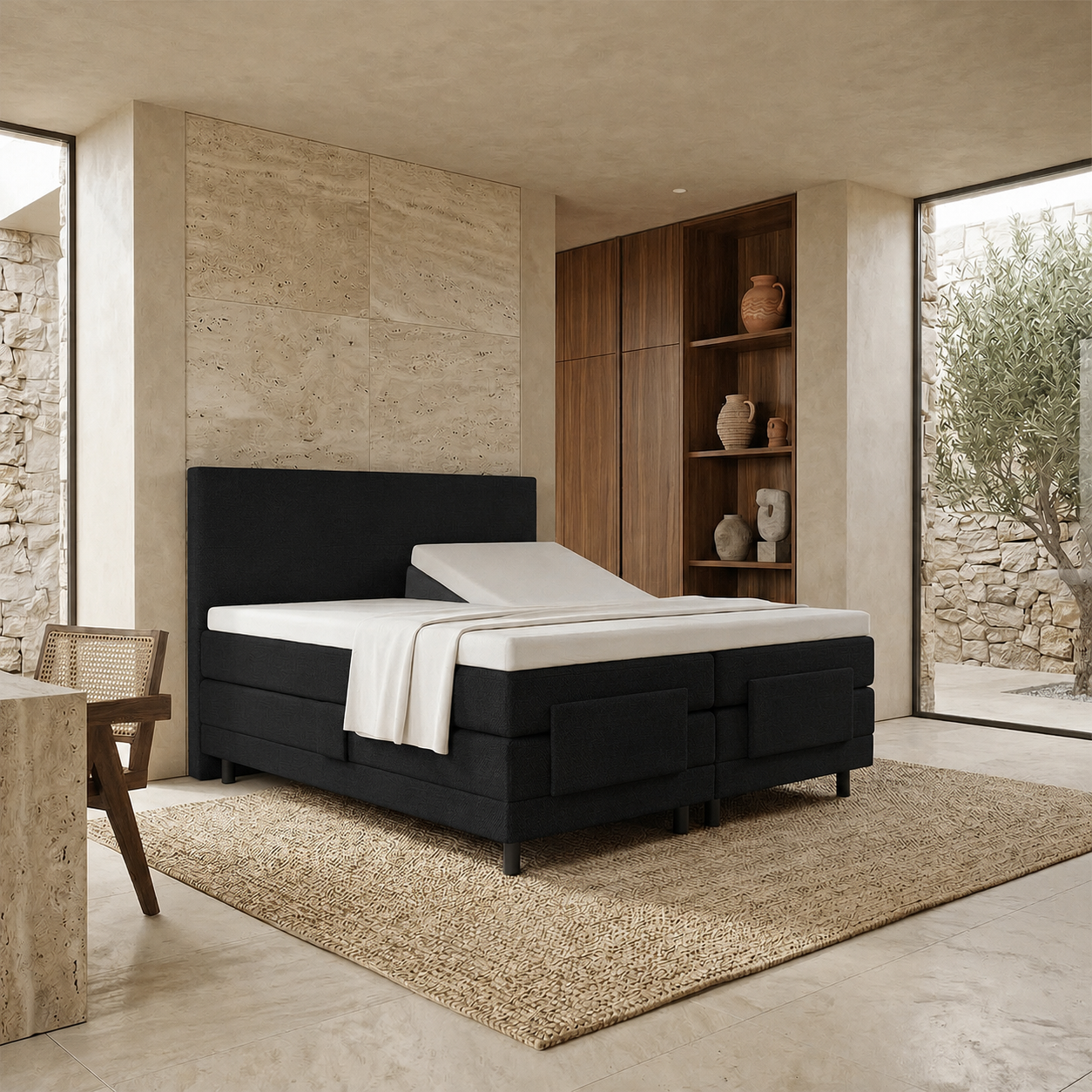 ACTIEDEAL Elektrische boxspring delux 180 x 200 - stof Zwart| Hoofdbord Glad + 1x Groot Ma