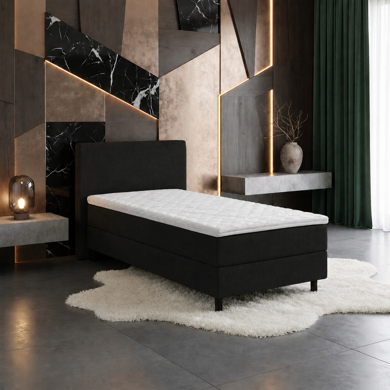 OP=OP Elektrische boxspring 90 x 200 - stof Zwart | Hoofdbord Glad