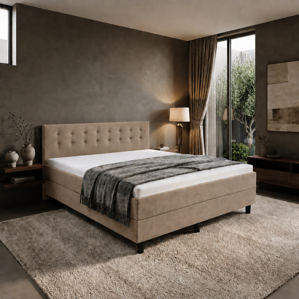 ACTIEDEAL Boxspring 180 x 200 - Velvet Fluweel Beige | GRATIS TOPPER - Hoofdbord Knopen + 1x Groot Matras Stevig