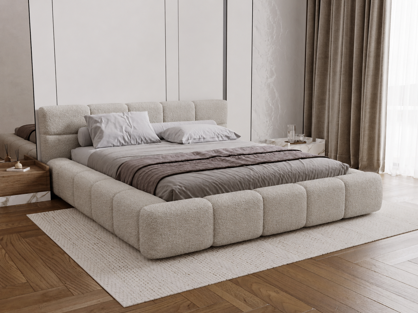 OP=OP Opbergbed 140 x 200 - Naturel/Beige | Hoofdbord Coco + GRATIS Traagschuim Matras