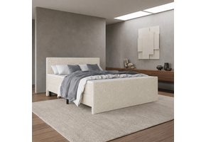 OP=OP Boxspring 120 x 210 - teddystof Creme | Hoofd- en Voetbord Glad + Luxe Pocketboxen 20 cm + Dekenkist