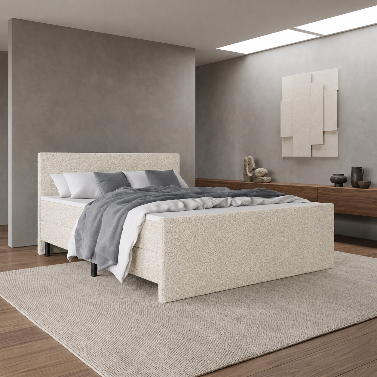 ACTIEDEAL Boxspring 120 x 210 - teddystof Creme | GRATIS TOPPER - Hoofd- en Voetbord Glad