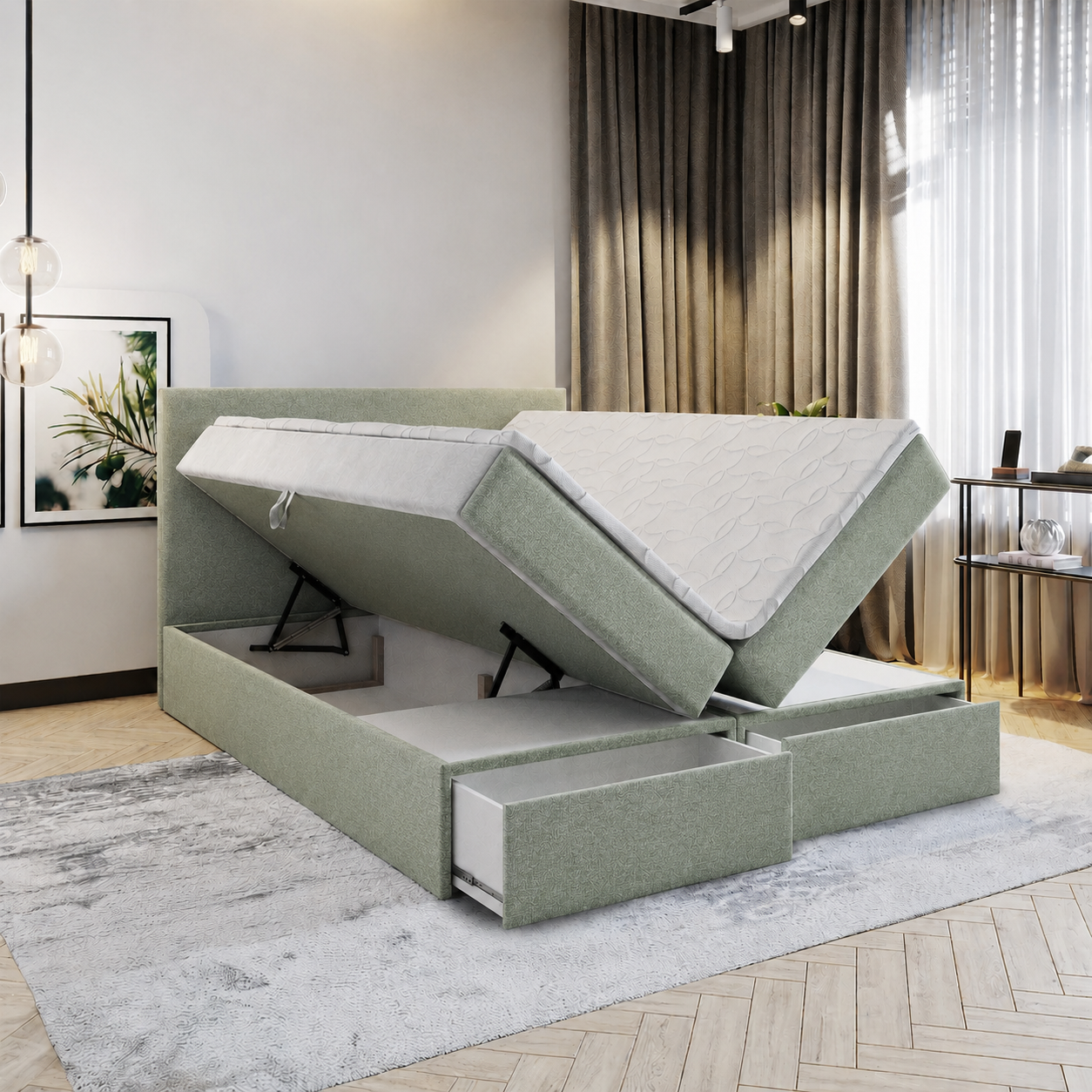 ACTIE Opbergboxspring met Lade 180 x 200 - Lindegroen | Hoofdbord Basic
