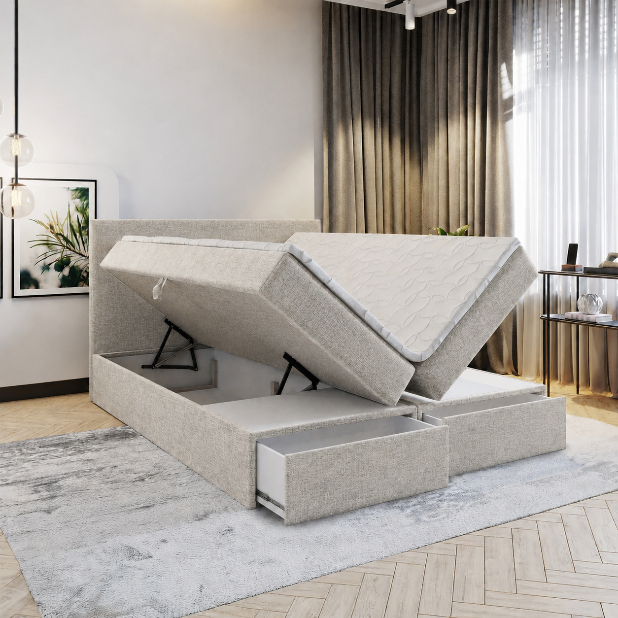 ACTIEDEAL Opbergboxspring met Lade 180 x 200 - Naturel/Beige | Hoofdbord Basic