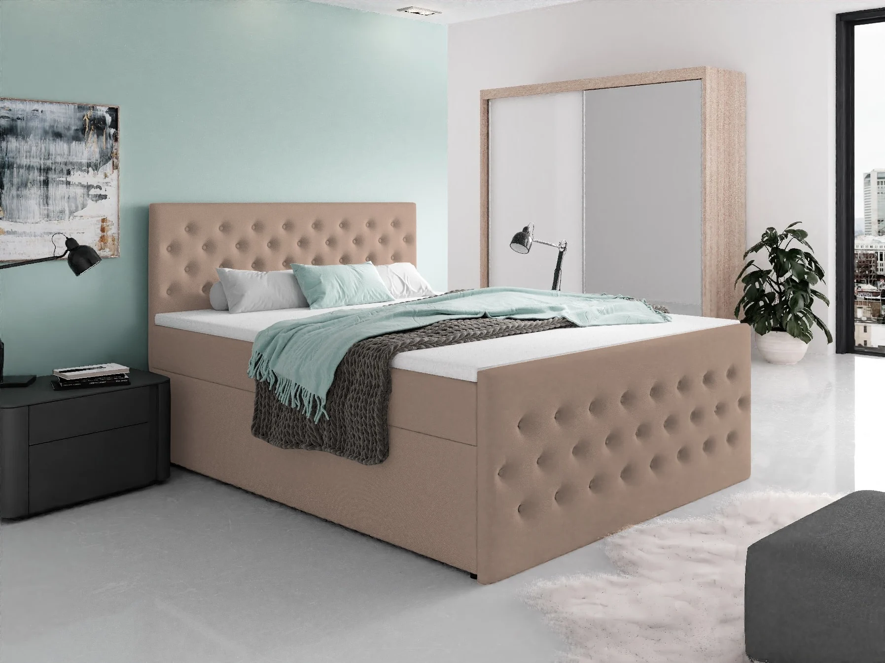 RETOURDEAL Opbergboxspring 180 x 200 - Donkerbeige | Hoofd- en Voetbord Knopen + VERHOOGDE opbergruimte + Niet in originele verpakking