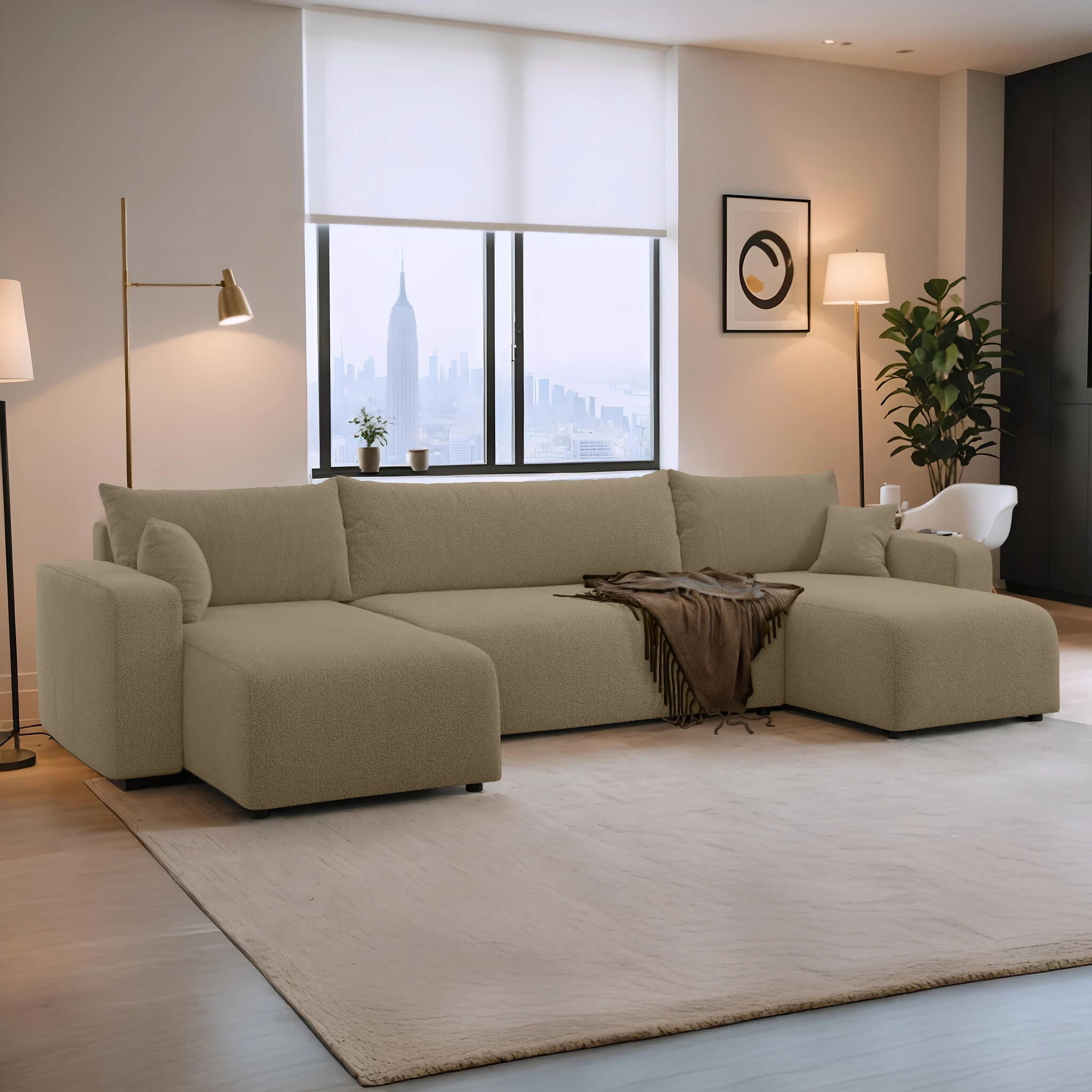 RETOURDEAL U-bank Teddy Beige - Slaapbank met opbergruimte - Pim - Niet in originele verpakking