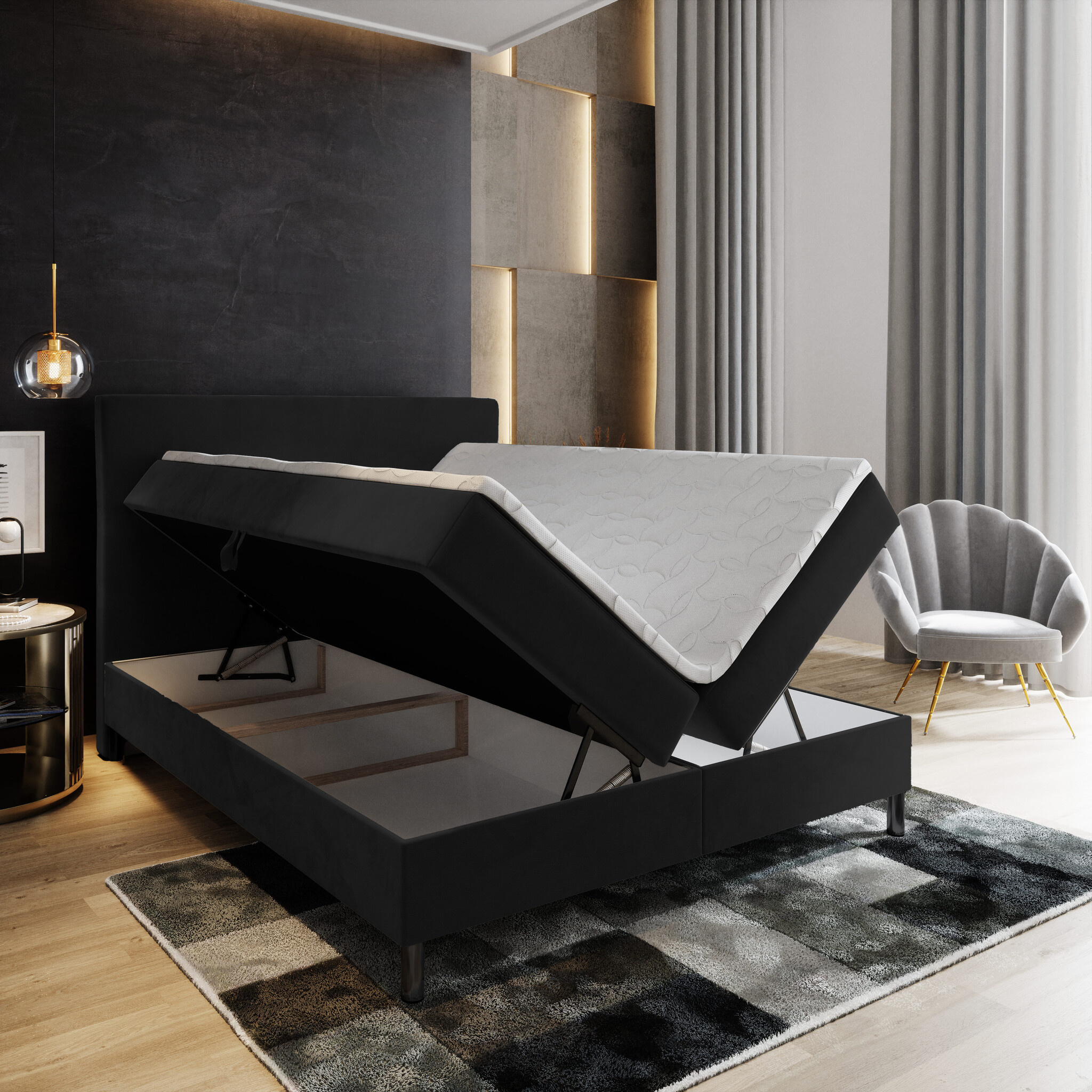 ACTIEDEAL Opberg Boxspring 140 x 200 - Zwart | Hoofdbord Dubai
