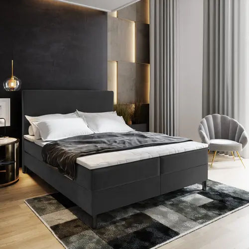 RETOURDEAL Opbergboxspring 140 x 200 - Antraciet | Basic (Hoofdbord zwarte kleur) + GRATIS Comfortschuim Topmatras