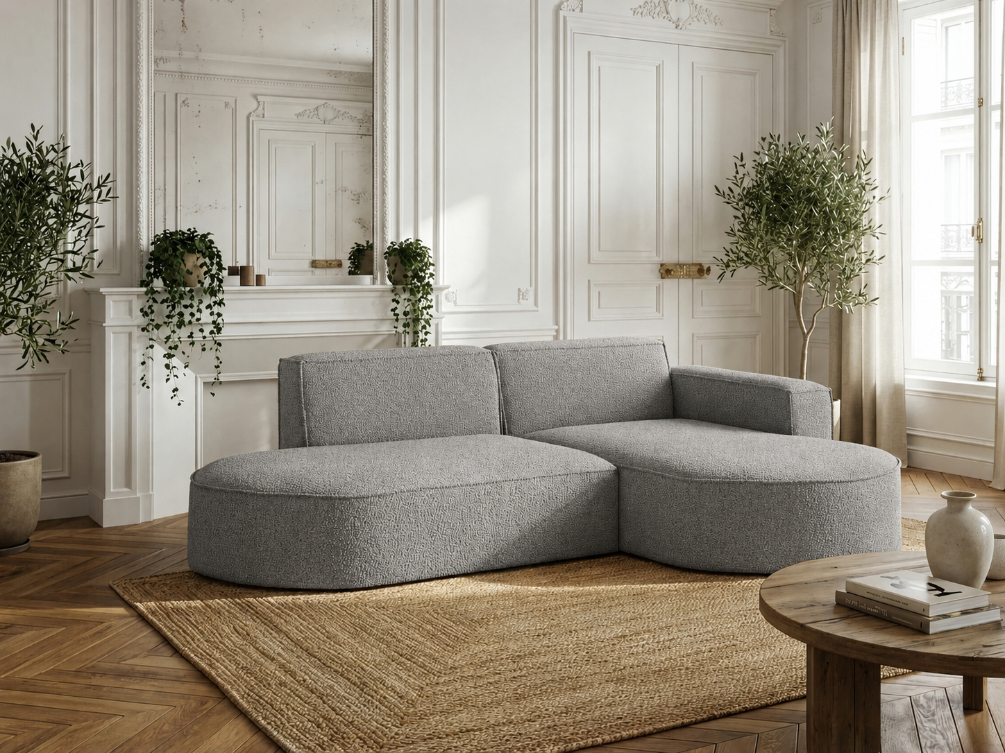 ACTIEDEAL Loungebank Panama Studio - Stof Grijs | 3-zits L-Hoekbank met Ronde Lounge