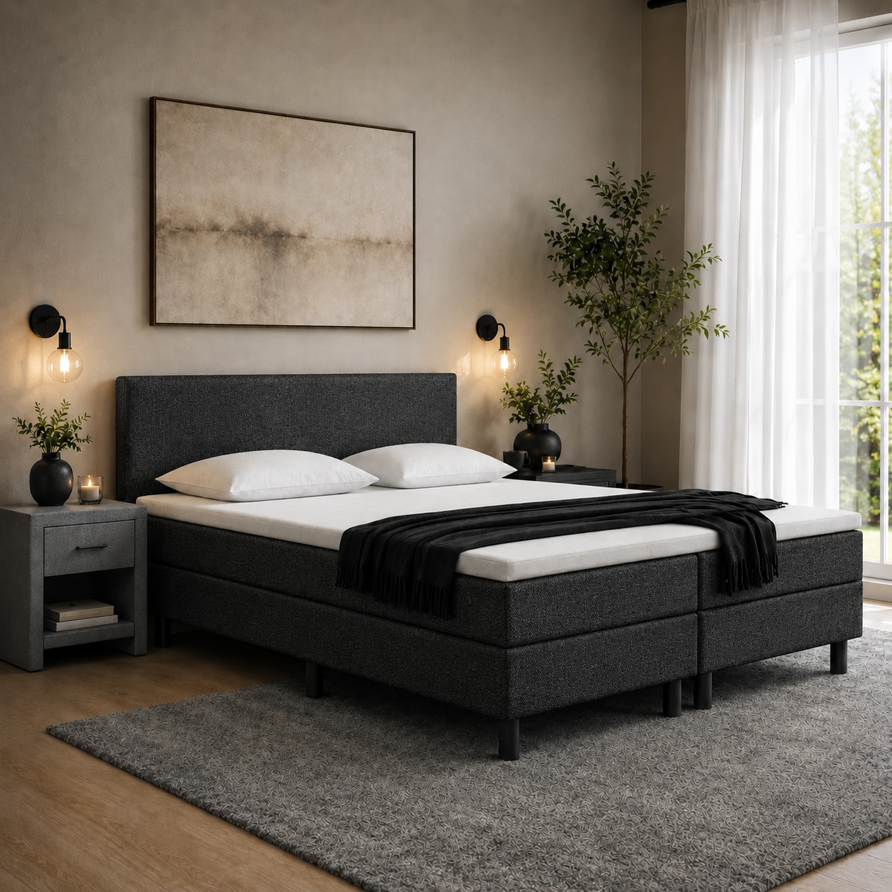 ACTIEDEAL Boxspring 160 x 200 - Antraciet | Hoofdbord Glad + Groot Matras