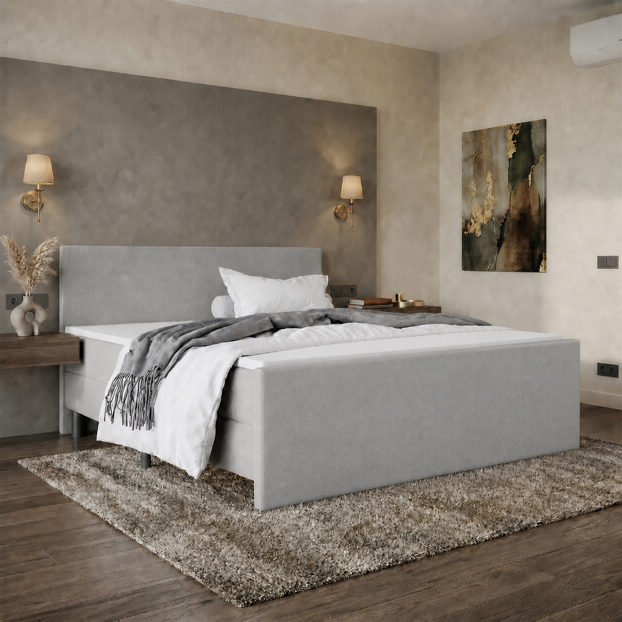ACTIEDEAL Boxspring 160 x 200 - Stof Grijs | Hoofdbord + Voetbord Glad