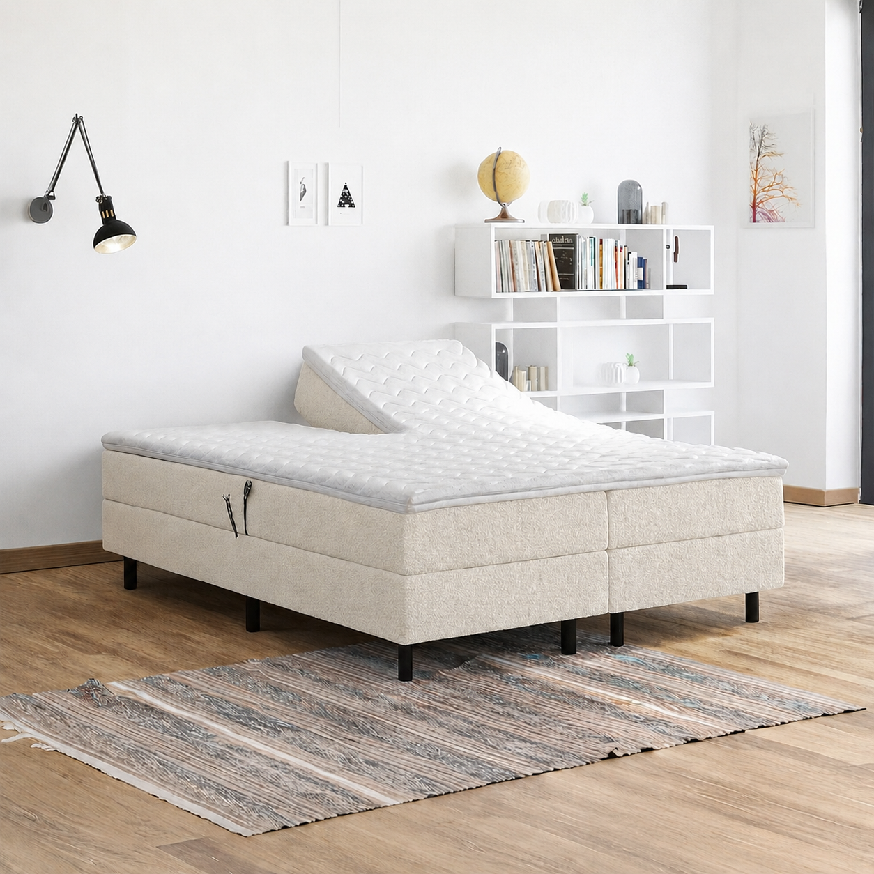 ACTIEDEAL Elektrische Boxspring 180 x 200 - Teddy stof Creme | Zonder Hoofdbord + GRATIS Topper