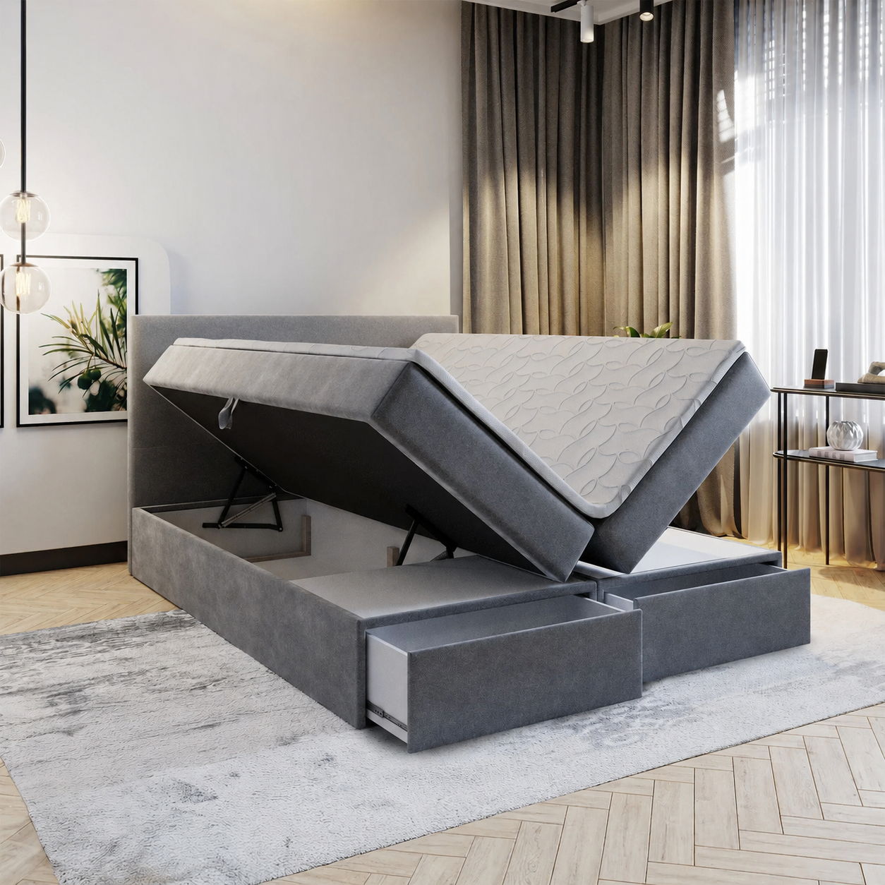 ACTIEDEAL Opberg Boxspring 80 x 200 - Grijs | Hoofdbord Basic + Opberglade