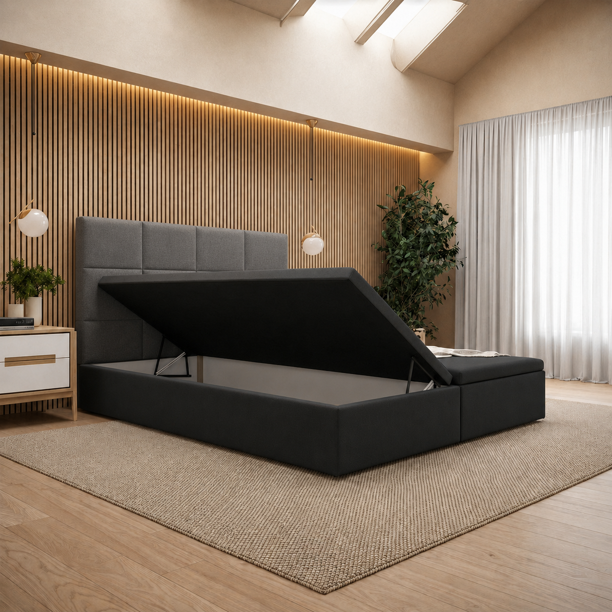 ACTIEDEAL Opbergboxspring zonder Matras 160 x 210 - Suede Antraciet | Hoofdbord + Voetbord Levi