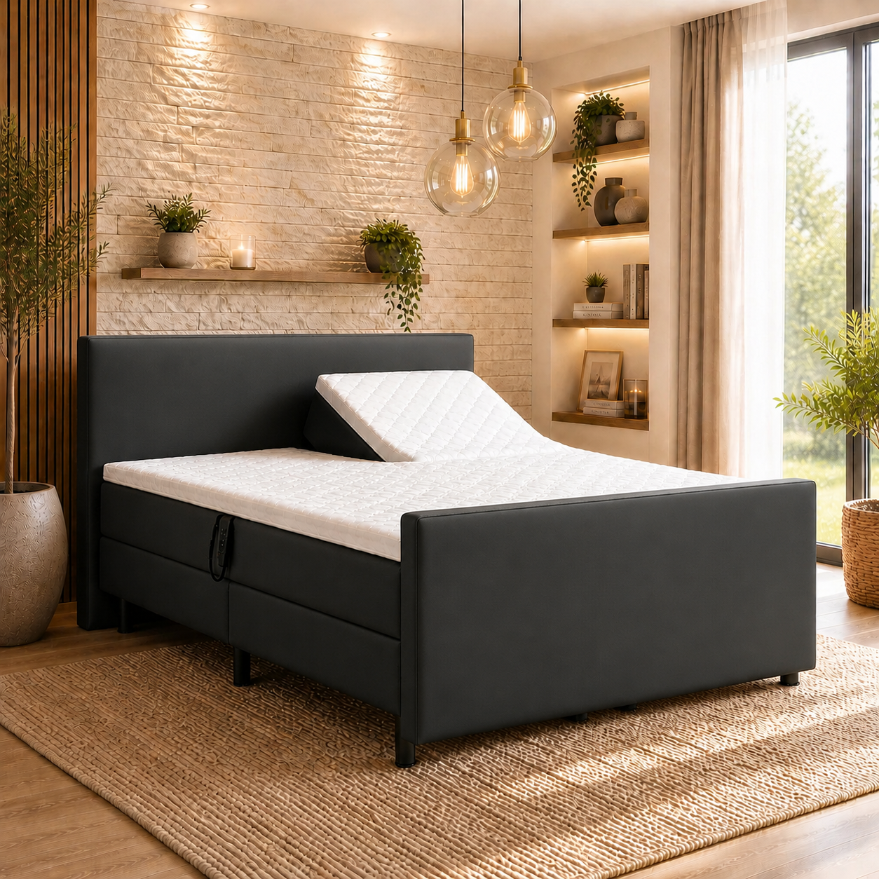ACTIEDEAL Elektrische Boxspring Basic 180 x 200 - Skaileer Zwart | Hoofdbord + Voetbord Glad