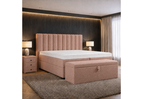ACTIEDEAL Opbergboxspring 140 x 210 - Teddy Roze | Hoofdbord Esmee + 40 cm hoge Opslagruimte + 2x hocker 3 lades + dekenkist + Stevige Pocketmatrassen 1000M