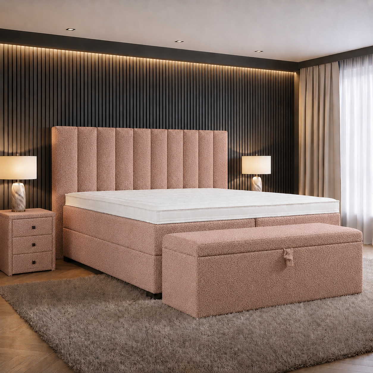 ACTIEDEAL Opbergboxspring 140 x 210 - Teddy Roze | Hoofdbord Esmee + 40 cm hoge Opslagruim