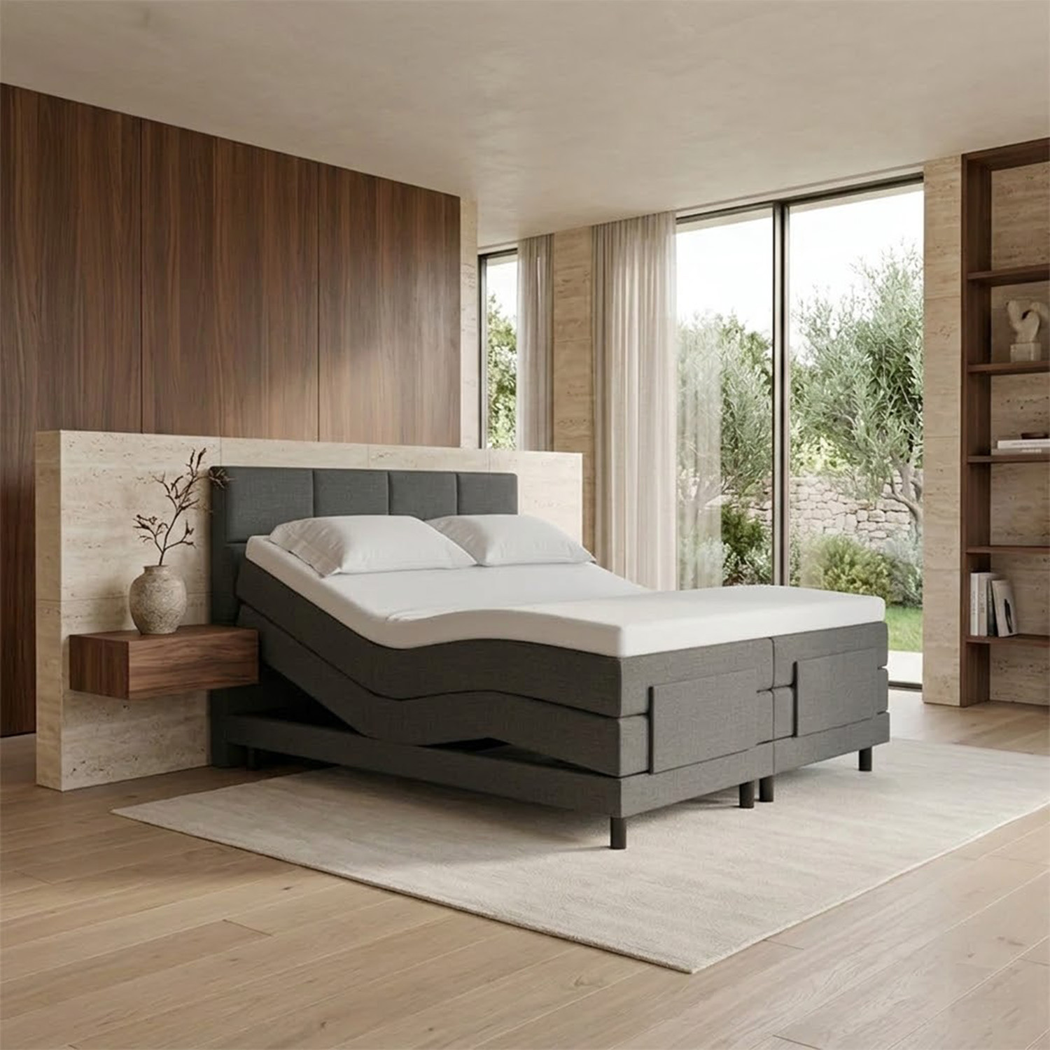 ACTIEDEAL Elektrische boxspring Delux 200 x 210 - Stof Antraciet | Hoofdbord Glad + 2x Poc