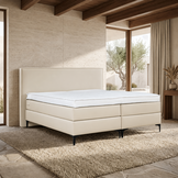 ACTIEDEAL Boxspring 180 x 200 - Skaileer Lichtbeige | Hoofdbord Met Biesrand + 30 cm pocketboxen + Stevige matrassen tot 160 kg