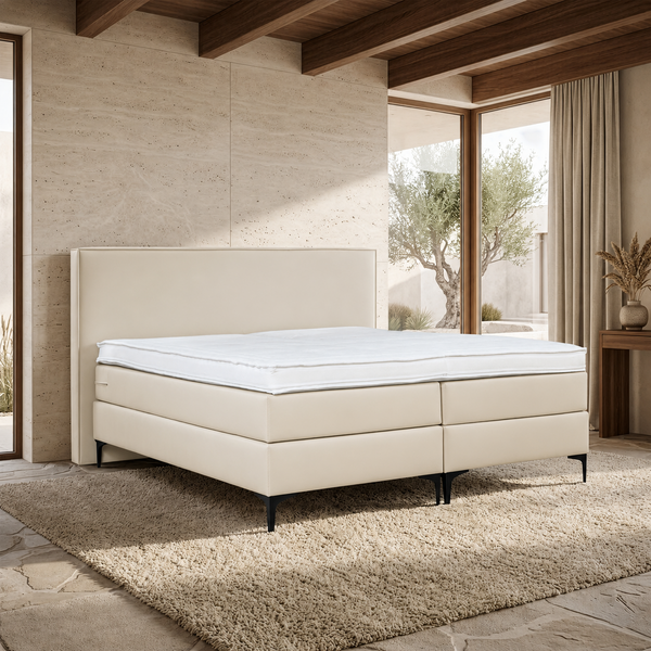 ACTIEDEAL Boxspring 180 x 200 - Skaileer Lichtbeige | GRATIS TOPPER - Hoofdbord Met Biesrand + 30 cm pocketboxen + Stevige matrassen tot 160 kg