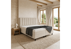 ACTIEDEAL Boxspring 180 x 200 - Stof Beige | GRATIS TOPPER + Hoofdbord 9-Baans Verticaal  + Medium Pocket Matrassen  tot 120 kg