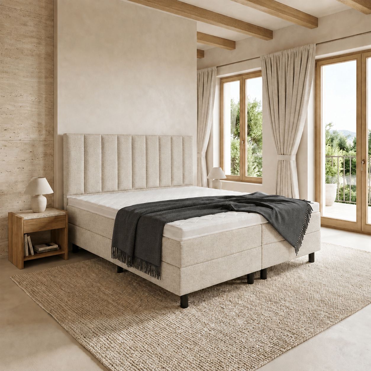 ACTIEDEAL Boxspring 180 x 200 - Stof Beige | GRATIS TOPPER + Hoofdbord 9-Baans Verticaal +