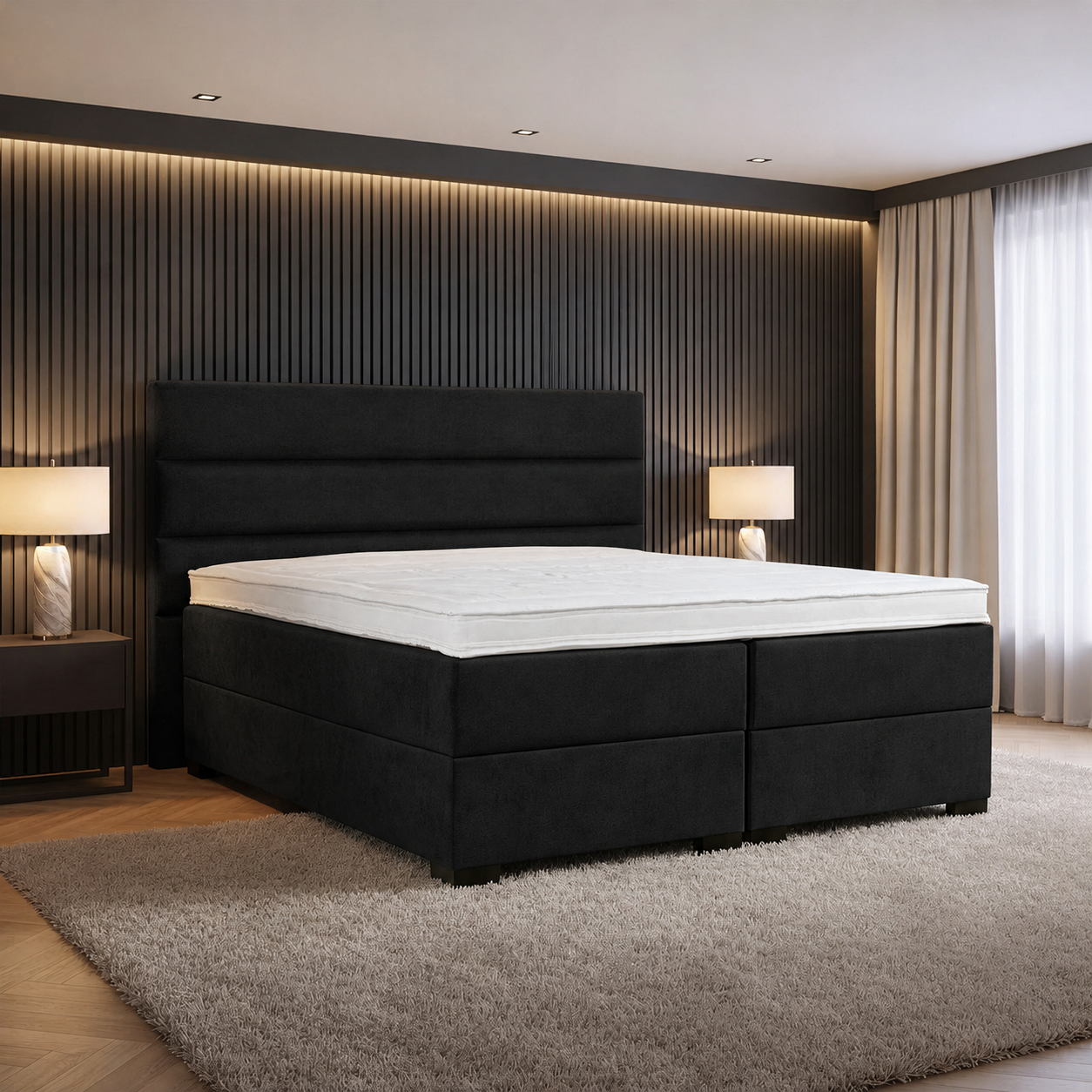 ACTIEDEAL Opbergboxspring 180 x 200 - Suede Zwart | GRATIS TOPPER - 40 cm Extra Hoge Opslagruimte + Hoofdbord Odessa + Medium Pocket Matrassen tot 120 kg