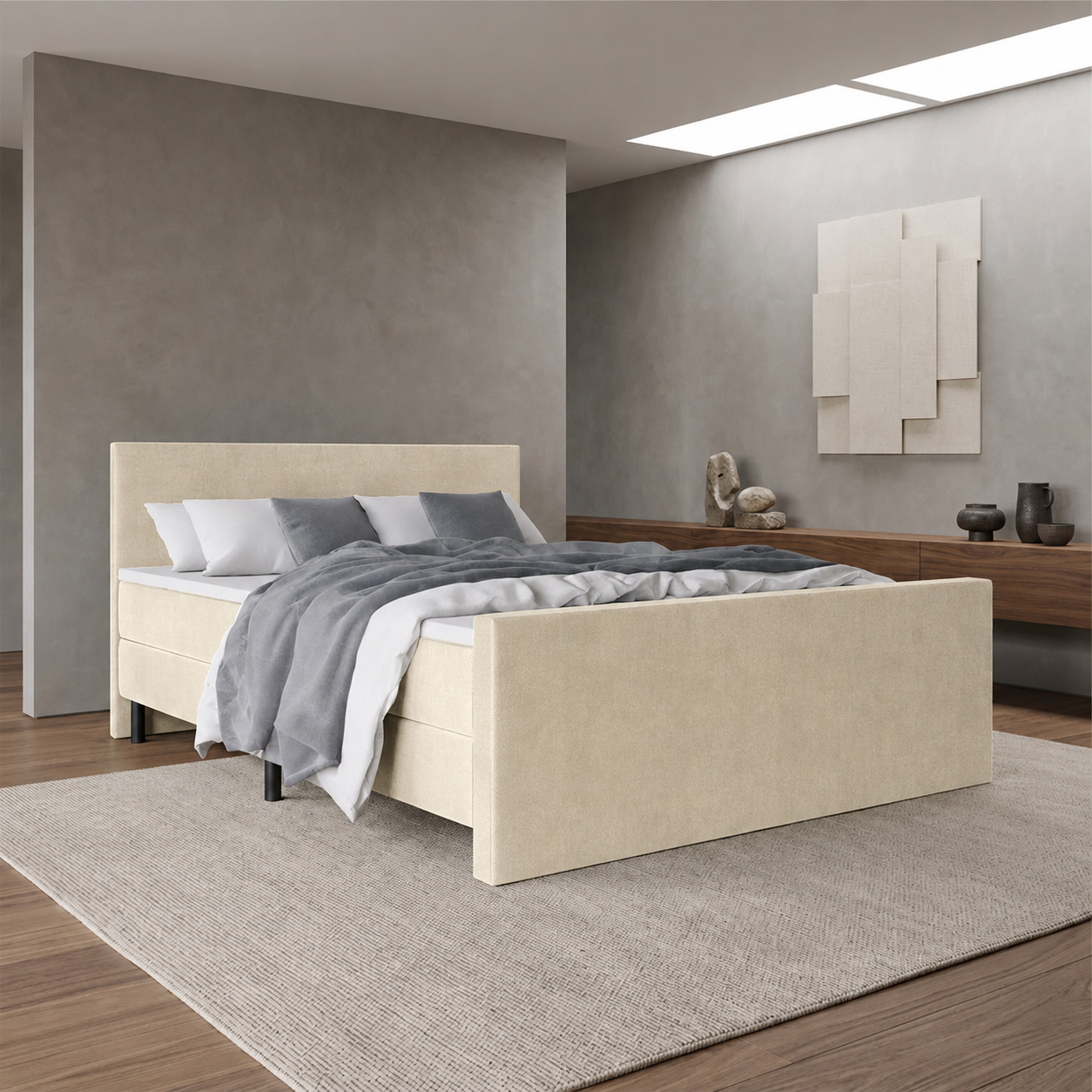ACTIEDEAL Boxspring 180 x 200 - Velvet Creme / Ecru | GRATIS TOPPER - HB+VB Glad - 30 cm Pocketbox - 1x Groot Matras Stevig tot 160 kg