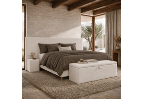 ACTIEDEAL Boxspring 180 x 200 - Chenille Ivory | GRATIS TOPPER - HB Amber 270 x 120 + 2 x hockers + Dekenkist met Klep