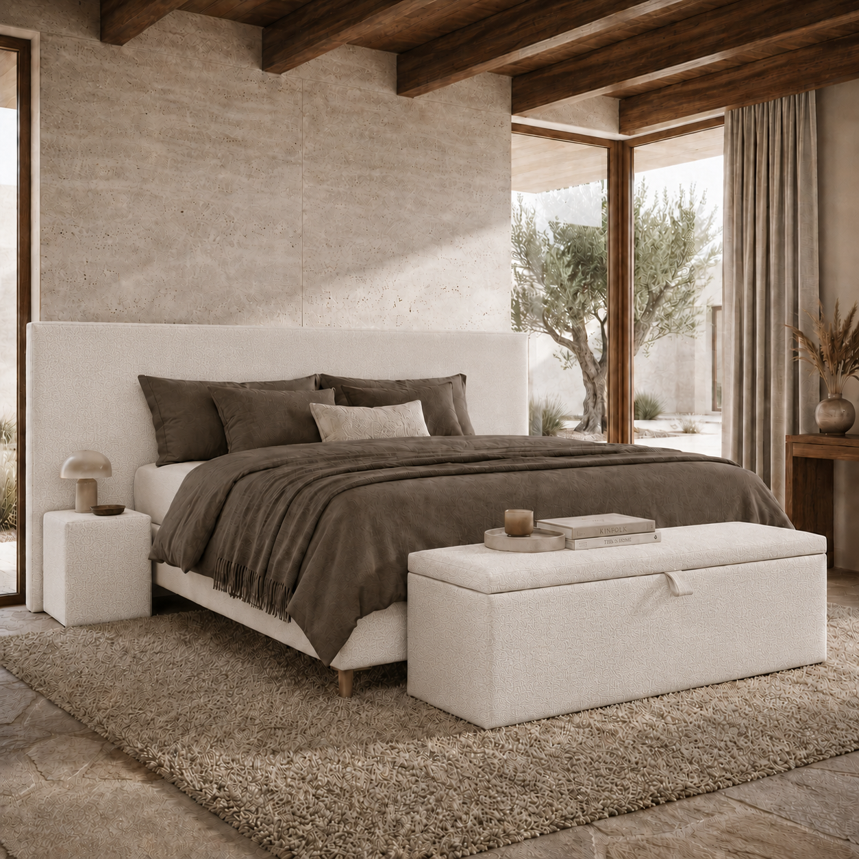 ACTIEDEAL Boxspring 180 x 200 - Chenille Ivory | GRATIS TOPPER - HB Amber 270 x 120 + 2 x hockers + Dekenkist met Klep