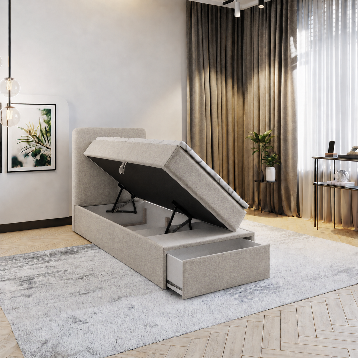 ACTIEDEAL Opbergboxspring met Lade 90 x 200 - Stof Beige| incl. Hoofdbord Glad + Medium Matras