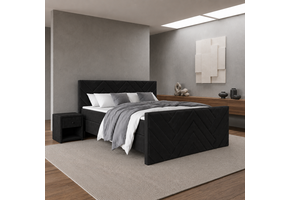 ACTIEDEAL Boxspring 200 x 200 - Suede Zwart | 1x Groot Stevig Matras  tot 160 kg + 2x Hocker met lade + 30 cm Pocketbox + HB & VB Chevron
