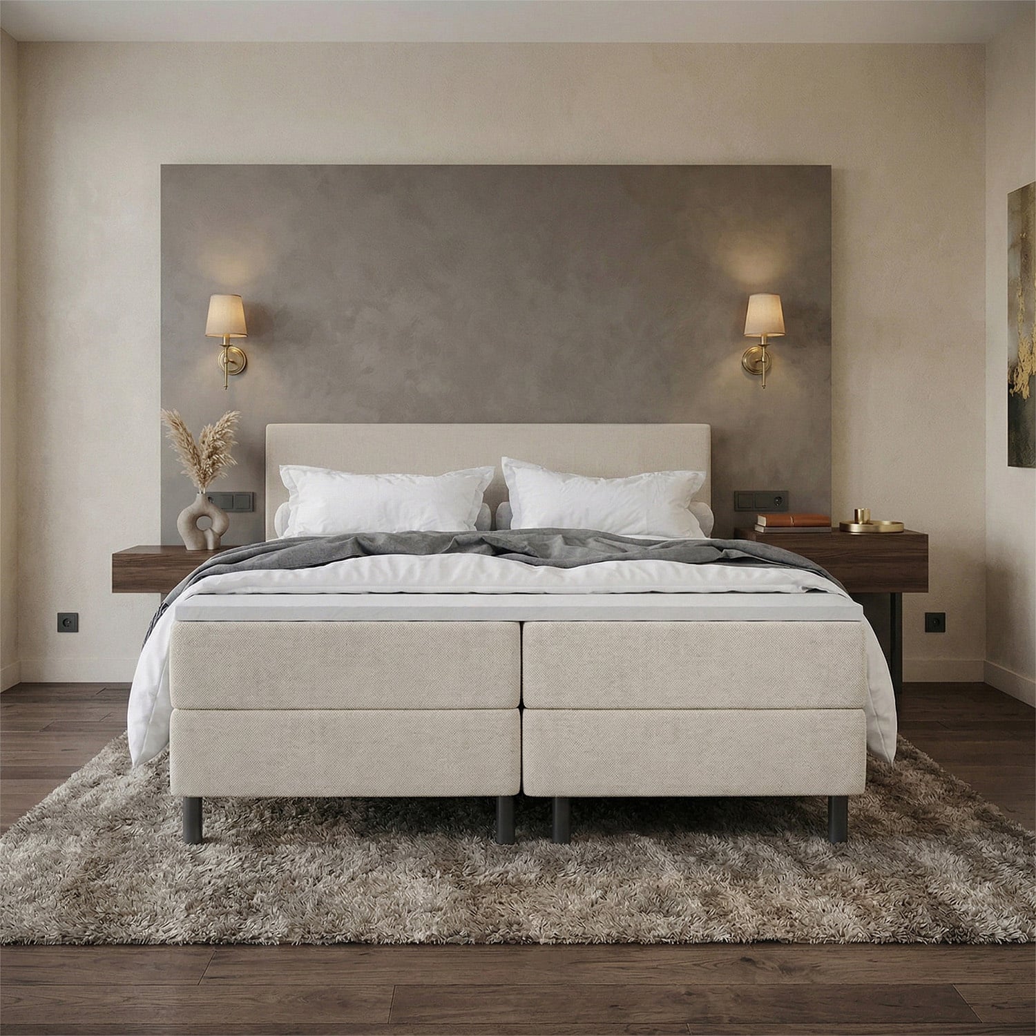 ACTIEDEAL Boxspring 180 x 210 - Stof Beige | Extra lange maat - Hoofdbord Glad